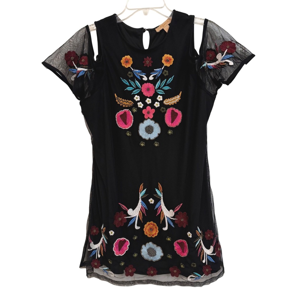 Kyra Black Floral Embroidered Beaded Cold Shoulder Botanical Bohemian Mesh Top L